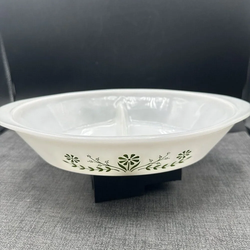 Vintage Glasbake Crazy Daisy Green Divided Casserole Dish Spring Blossom